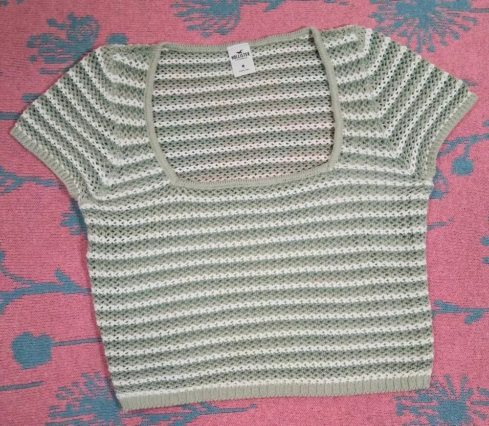 Hollister womens medium square neck crochet knit top sage green cotton
